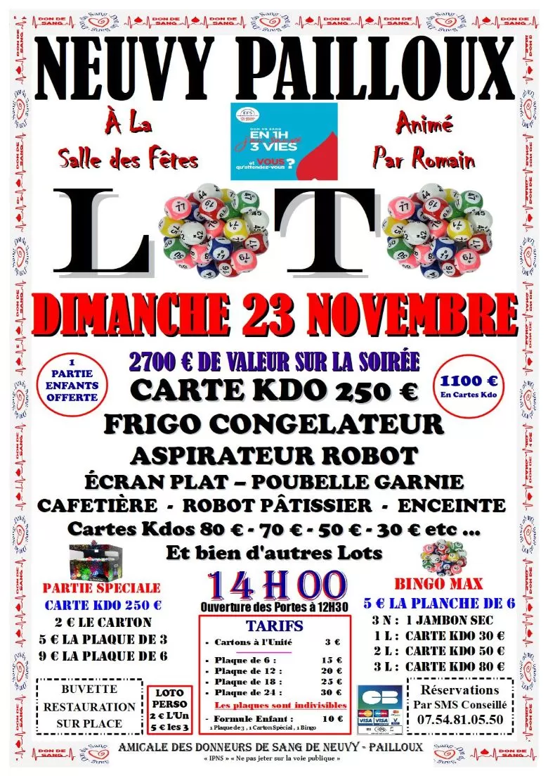 affiche Loto de l'amicale des donneurs de sang de Neuvy-Pailloux à Neuvy-Pailloux