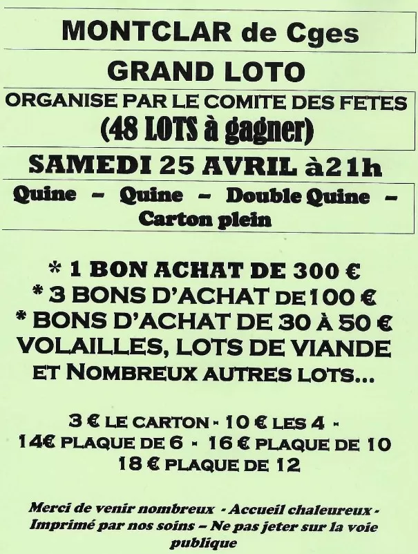 affiche GRAND LOTO à Montclar-de-Comminges