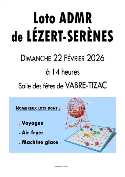 affiche Loto de l'ADMR Lézert-Serènes à Vabre-Tizac à La Bastide-l'Évêque