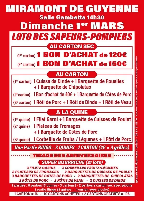 affiche Loto de l'amicale des Sapeurs-Pompiers à Miramont-de-Guyenne