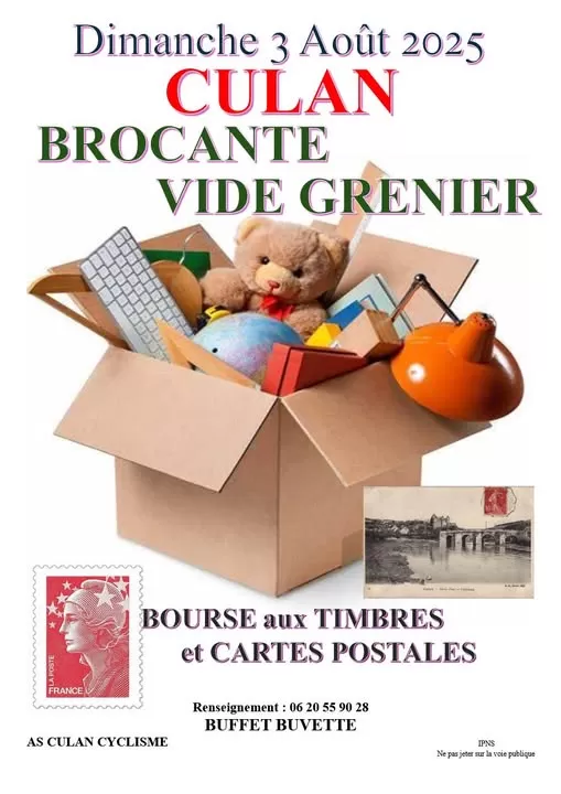 affiche Brocante, bourse aux timbres et cartes postales à Culan