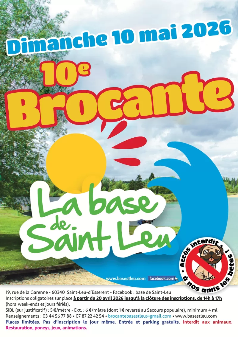 affiche 10ème brocante de la base de loisirs de St Leu d'Esserent à  Saint-Leu-d'Esserent