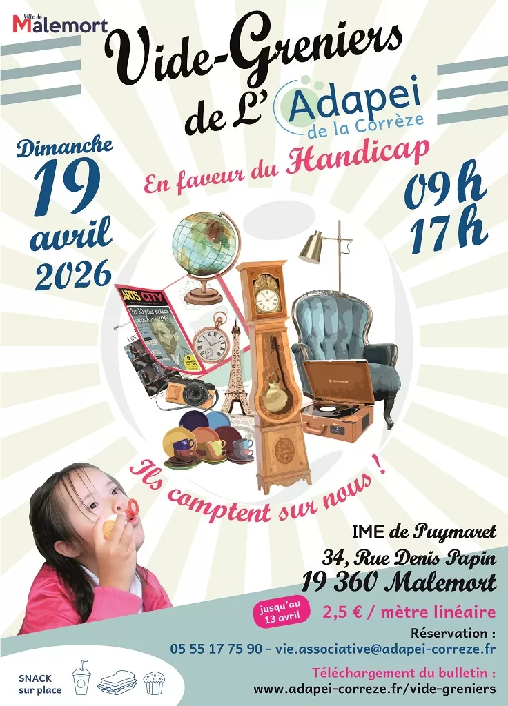affiche Vide-greniers de l'ADAPEI de la Corrèze à  Malemort-sur-Corrèze