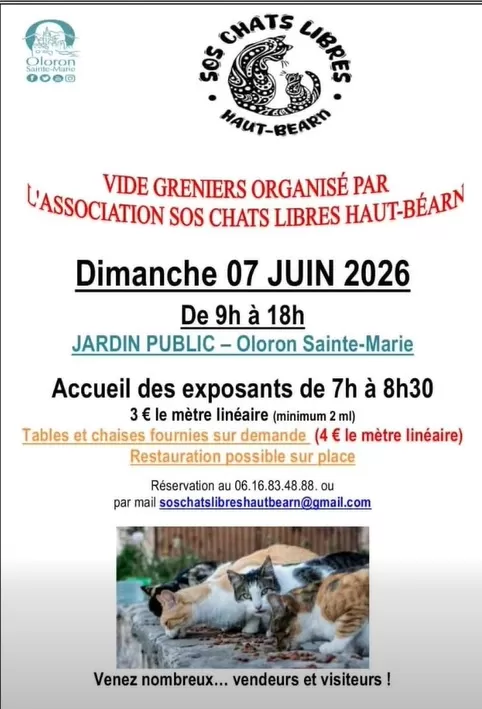 affiche Vide grenier de l'association SOS Chats libres en Haut-Béarn à Oloron-Sainte-Marie