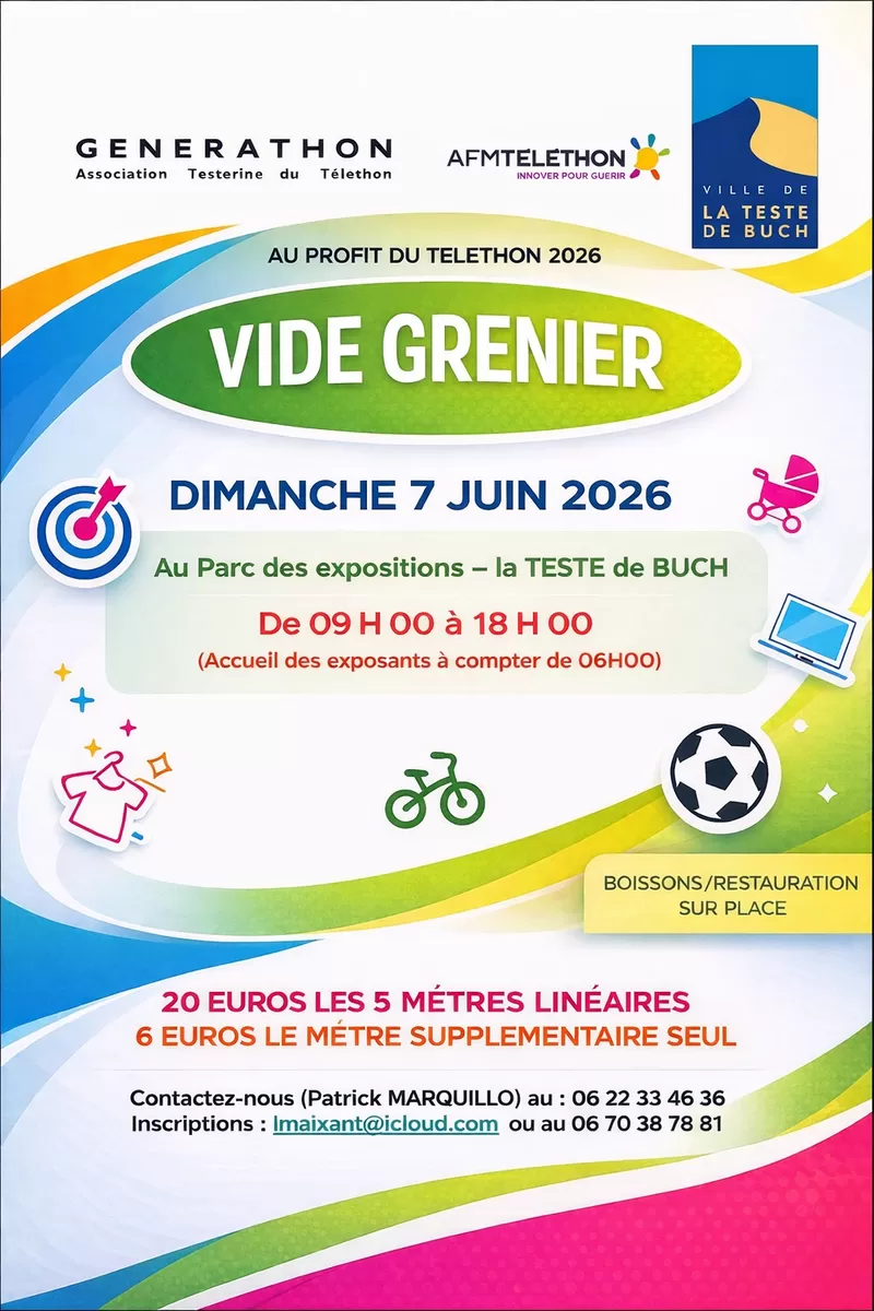 affiche Vide grenier Générathon - Association Testerine à La Teste-de-Buch