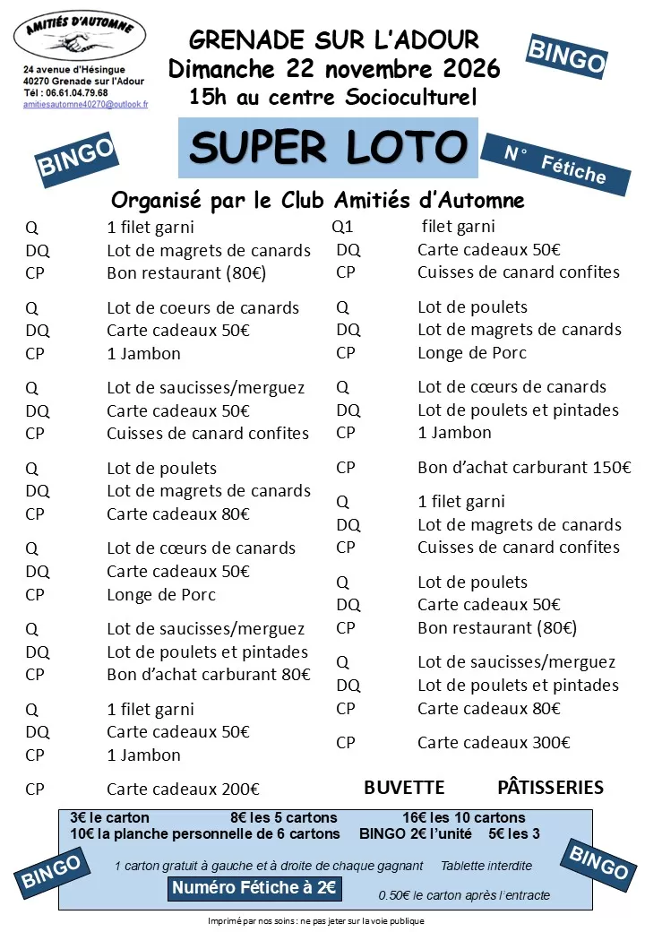 affiche Super Loto - Club amitiés d'automne à Grenade-sur-l'Adour